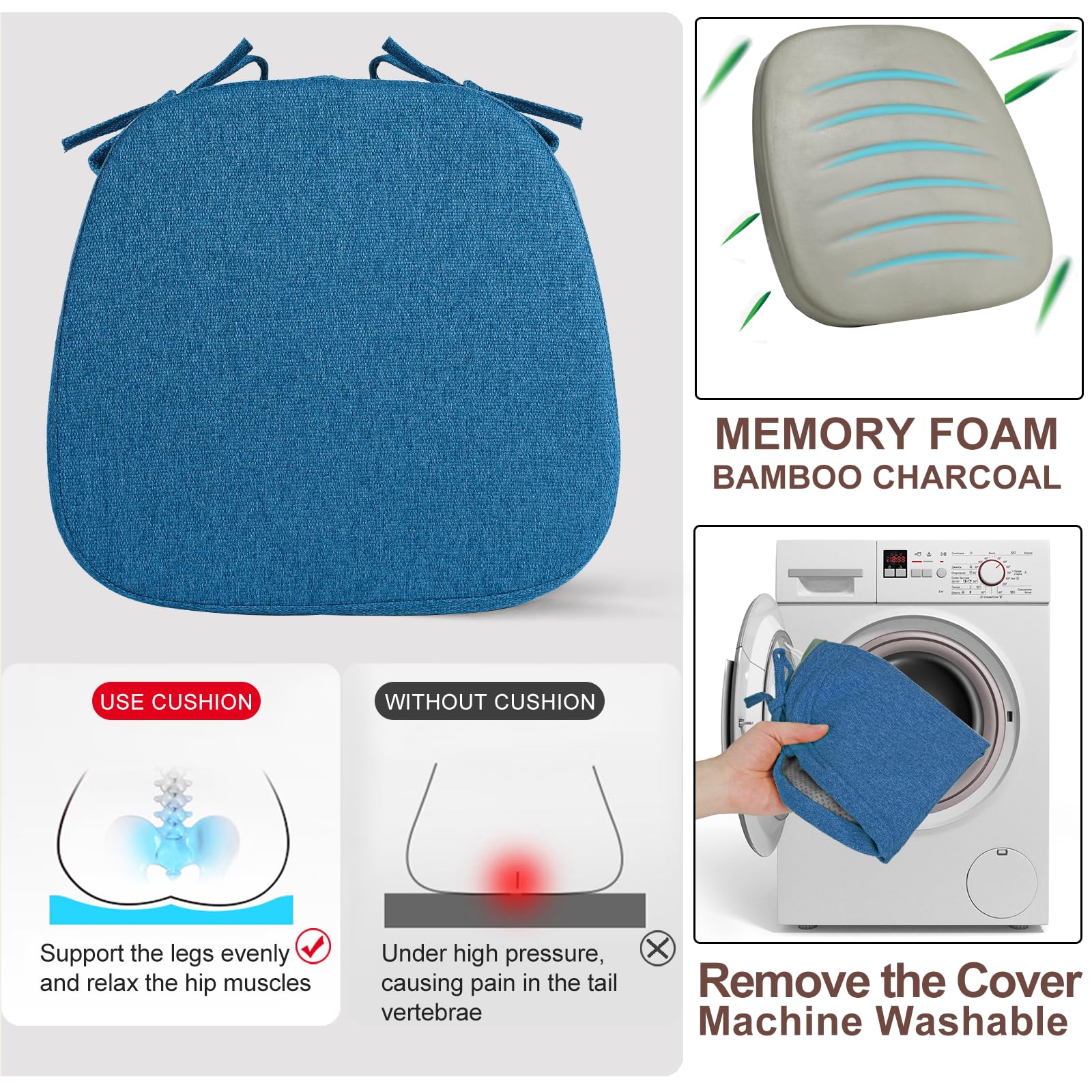 SINOSSO 1 Pack Memory Foam Chair Cushions for Dining Chair, Friendly Woven Fabric 16" U-Shape Comfortable Kitchen Chair Pad, Removable Slip Resistant Seat Cushion (1 Piece, Water Blue)