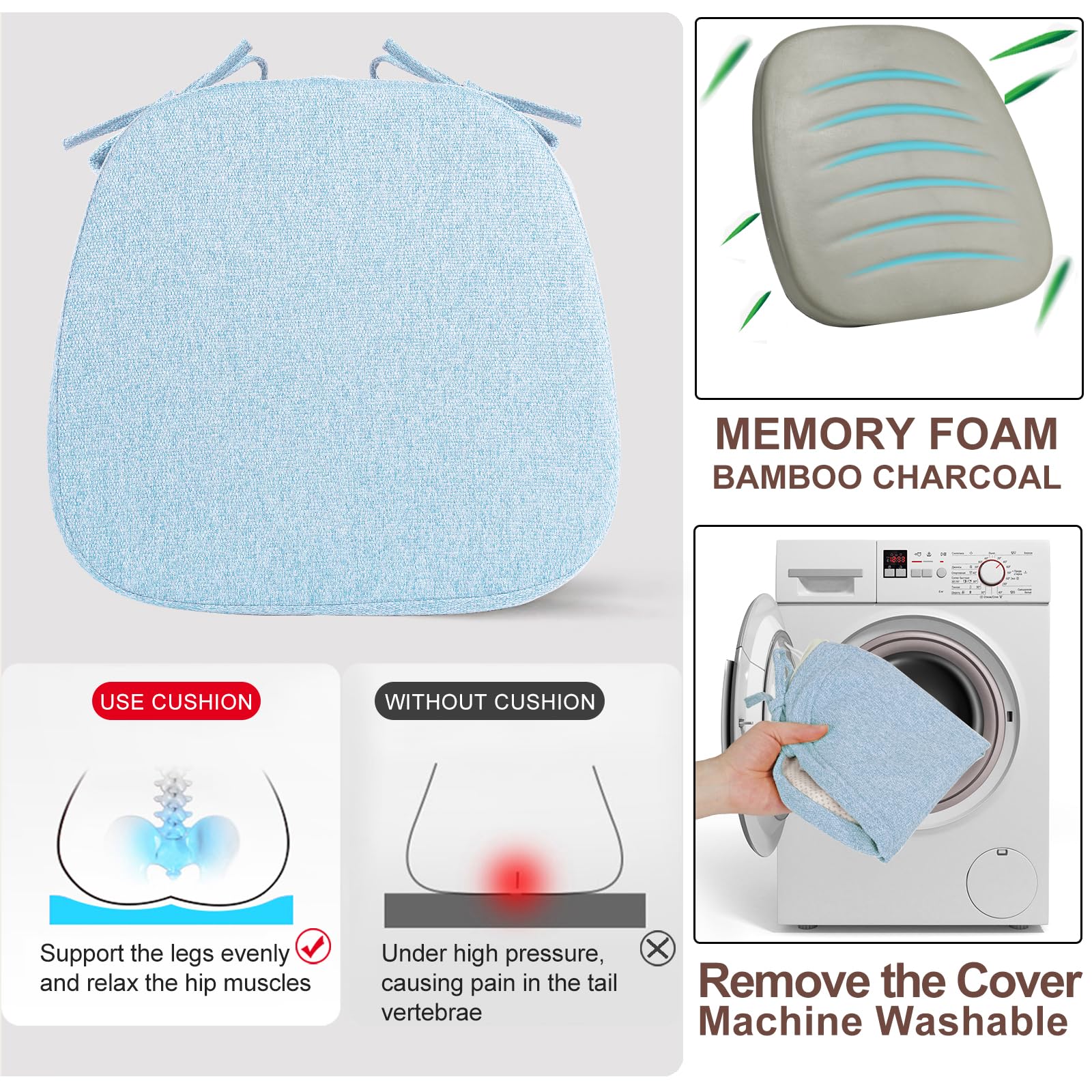 SINOSSO 1 Pack Memory Foam Chair Cushions for Dining Chair, Friendly Woven Fabric 16" U-Shape Comfortable Kitchen Chair Pad, Removable Slip Resistant Seat Cushion (1 Piece, Water Blue)